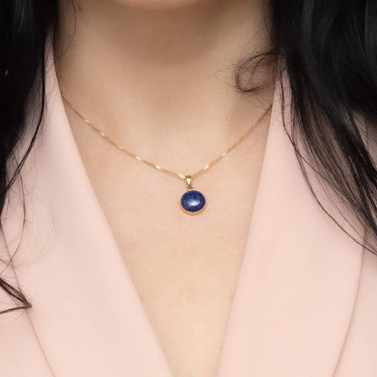 14K Gold Lapis Lazuli Pendant - Solid Yellow Gold Blue Lapis Gemstone Necklace, December Birthstone 12Mm round Stone, Handmade Classic Minimalistic Jewelry Birthday Gift for Women