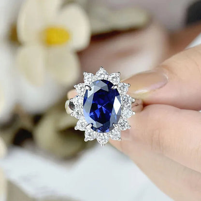 Newshe 6 Carats Oval Created Blue Tanzanite Gemstone Statement Ring for Women AAA CZ Cocktail Party Ring 925 Sterling Silver Sz 5-12