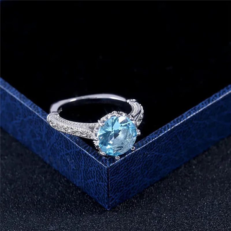 Fashion 2.0ct Round Cut Aquamarine Gemstone Ring Exquisite Silver Carver Flower Diamond Ring Couple Wedding Jewelry