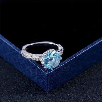 Fashion 2.0ct Round Cut Aquamarine Gemstone Ring Exquisite Silver Carver Flower Diamond Ring Couple Wedding Jewelry