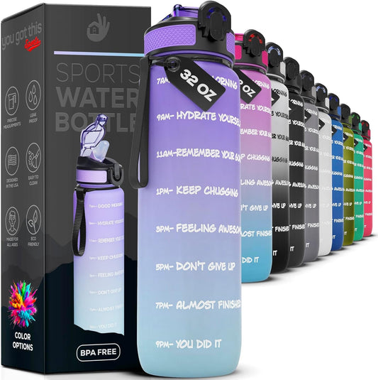 Motivational Water Bottle with Time Marker, 32 Oz Water Bottle, Sports Water Bottle with Spout, Achieve All-Day Hydration Spillproof, BPA FREE - WORLD TIME VISITS