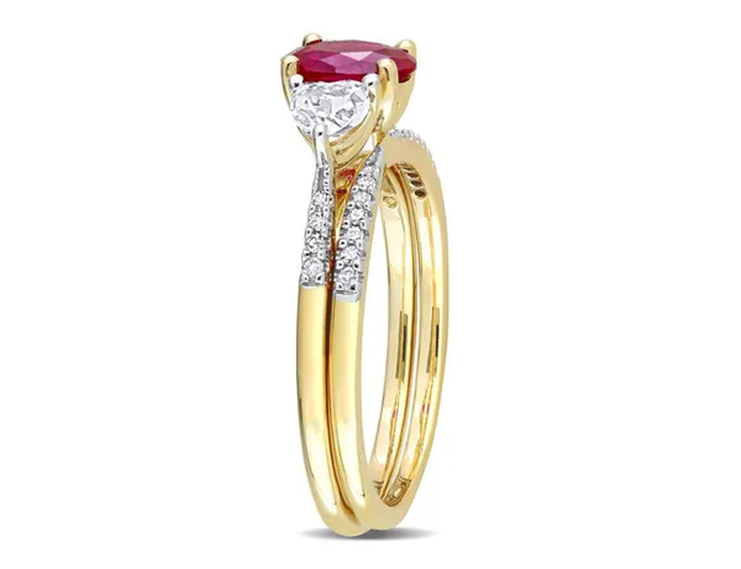1.90 Carat (Ctw) Lab-Created Ruby and White Sapphire Bridal Engagement Wedding Ring Set 10K Yellow Gold
