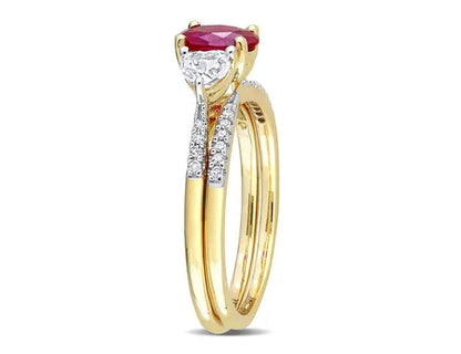 1.90 Carat (Ctw) Lab-Created Ruby and White Sapphire Bridal Engagement Wedding Ring Set 10K Yellow Gold