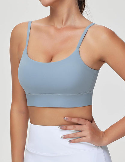 Women'S Adjustable Longline Sports Bras Scoop Neck Padded Wireless Workout Yoga Tops - WORLD TIME VISITS