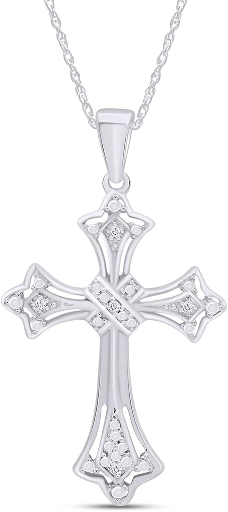 round Shape White Natural Diamond Accents Cross Pendant Necklace in 14K Gold over Sterling Silver