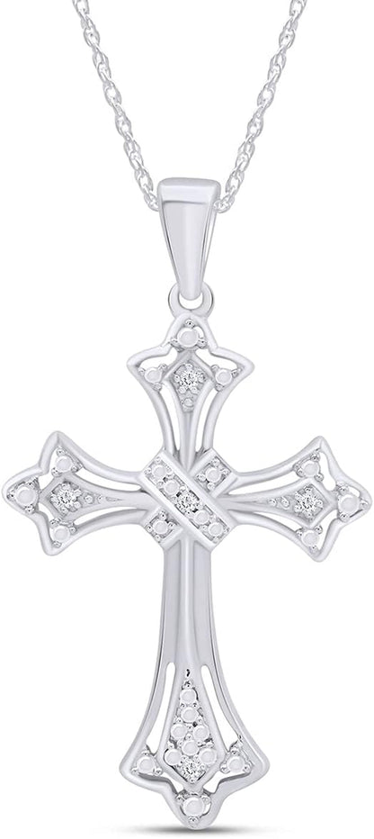 round Shape White Natural Diamond Accents Cross Pendant Necklace in 14K Gold over Sterling Silver