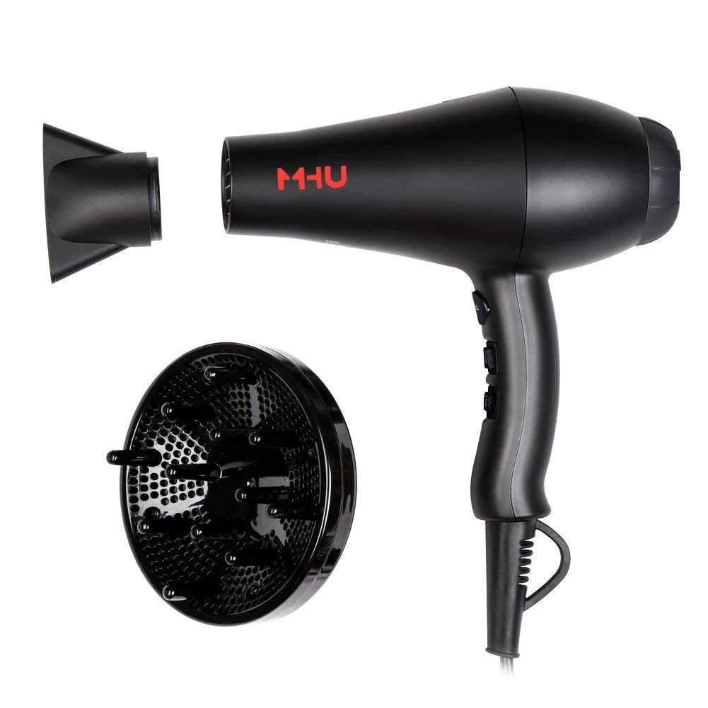 MHU Professional Salon Grade 1875W Low Noise Ionic Ceramic Ac Infrared Heat Hair Dryer plus One Concentrator and One Diffuser Black Color - WORLD TIME VISITS