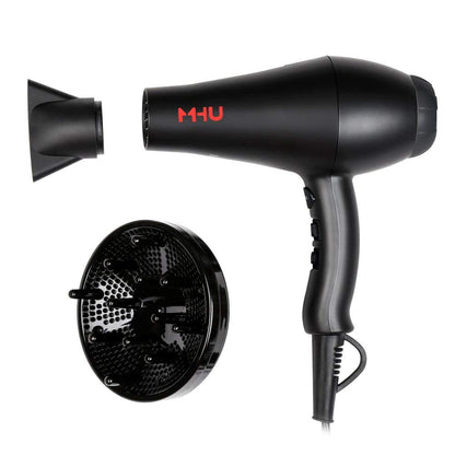 MHU Professional Salon Grade 1875W Low Noise Ionic Ceramic Ac Infrared Heat Hair Dryer plus One Concentrator and One Diffuser Black Color - WORLD TIME VISITS