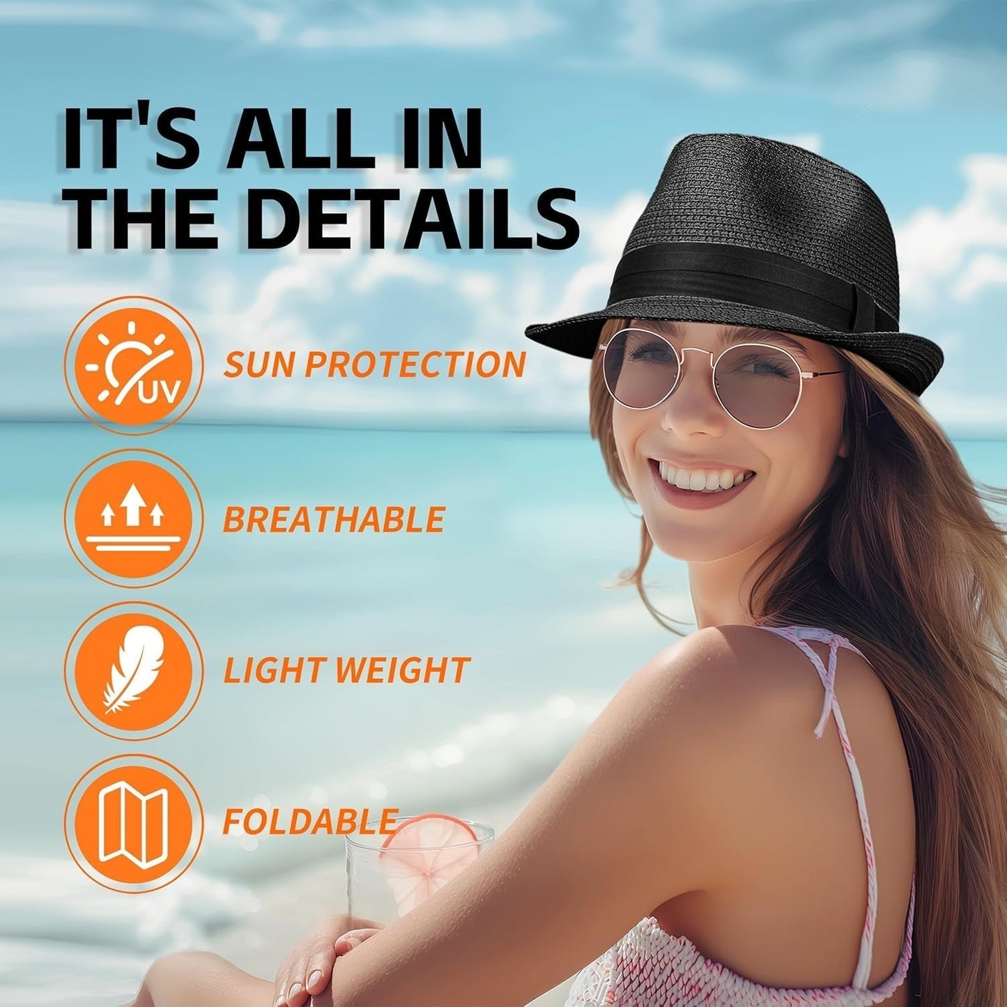 Straw Fedora Hat for Women Men Packable Short Brim Roll up Trilby Hat Panama Summer Beach Sun Hat UPF 50+ - WORLD TIME VISITS