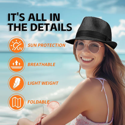 Straw Fedora Hat for Women Men Packable Short Brim Roll up Trilby Hat Panama Summer Beach Sun Hat UPF 50+ - WORLD TIME VISITS