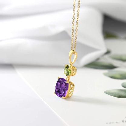 18K Yellow Gold Plated Silver Purple Amethyst and Green Peridot Pendant Necklace for Women (4.00 Cttw, Gemstone February Birthstone, Cushion 10MM, round 6MM)
