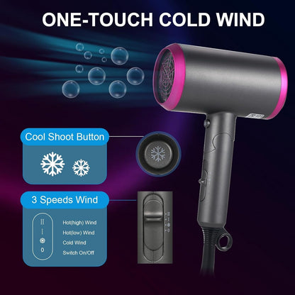 1800W Hair Dryer Professional Salon Anion Hair Dryer with Attachment Diffuser & Nozzles, 2 Speeds Fast Dry with Constant Temperature, Home Use Portable Foldable Hair Dryer