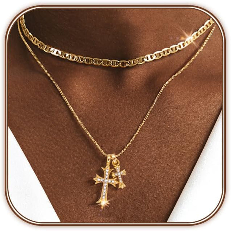 Bubble Cross Necklace for Women 14K Gold Plated Cross Necklace Stackable Dainty Gold Necklace Mariner Chain Necklace CZ Cross Pendant Necklaces Set Simple Jewelry Gift