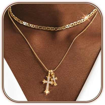 Bubble Cross Necklace for Women 14K Gold Plated Cross Necklace Stackable Dainty Gold Necklace Mariner Chain Necklace CZ Cross Pendant Necklaces Set Simple Jewelry Gift