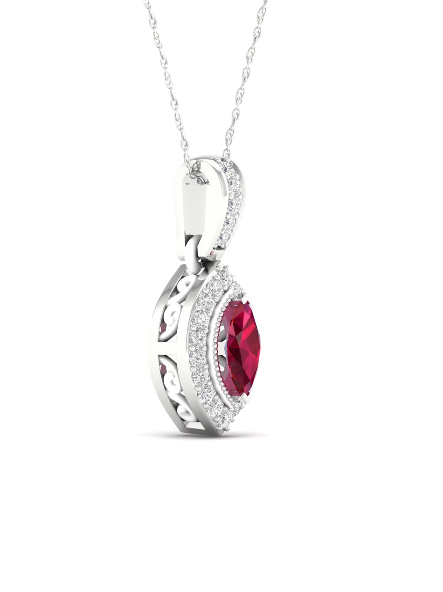 Gemstone 10K White Gold Marquise Cut Ruby 1/20 CT TW Diamond Halo Pendant Necklace