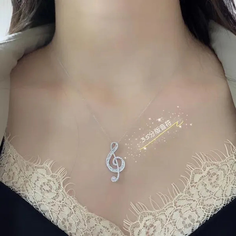 Fashion Jewelry  35 Points Note Music Notation 925 Sterling Silver Diamond Pendant Necklace