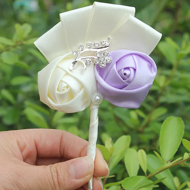 Handmade 8Piece/Lot Colorful Silk Rose Wedding Corsages Boutonniere Groom Diamond Wedding Flowers Boutonniere Brooch Flower