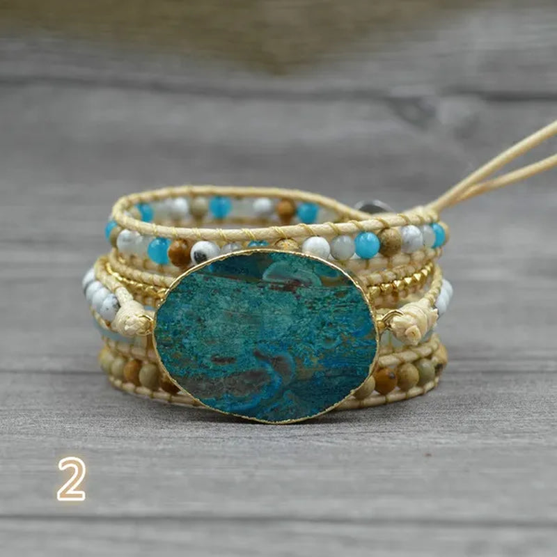Vintage Boho Handmade Turquoise Charm Natural Stone Beads Bracelets Adjustable Wrap Leather Bracelet Jewelry - WORLD TIME VISITS