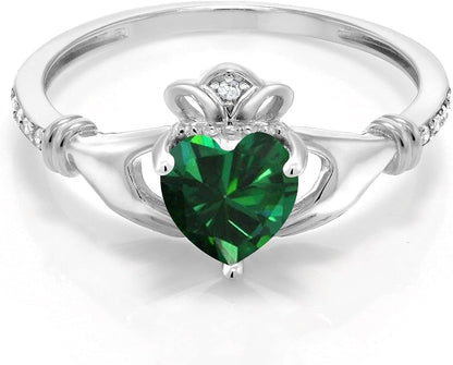 10K White Gold Green Simulated Emerald and White Diamond Irish Celtic Claddagh Ring (0.76 Cttw, Heart Shape 6MM, Available in Size 5, 6, 7, 8, 9)