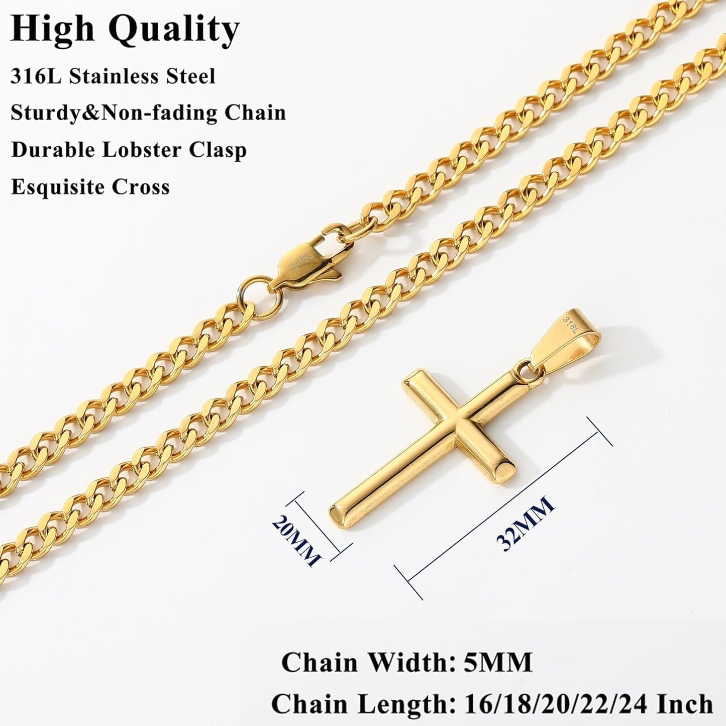 316L Stainless Steel Cross Chain Necklace Valentines Stuff Jewelry Gifts for Men Boys, Silver Gold Black Necklaces 5Mm Non-Fading Sturdy Cuban Chain with Cross Pendant 14/16/18/20/22/24Inch