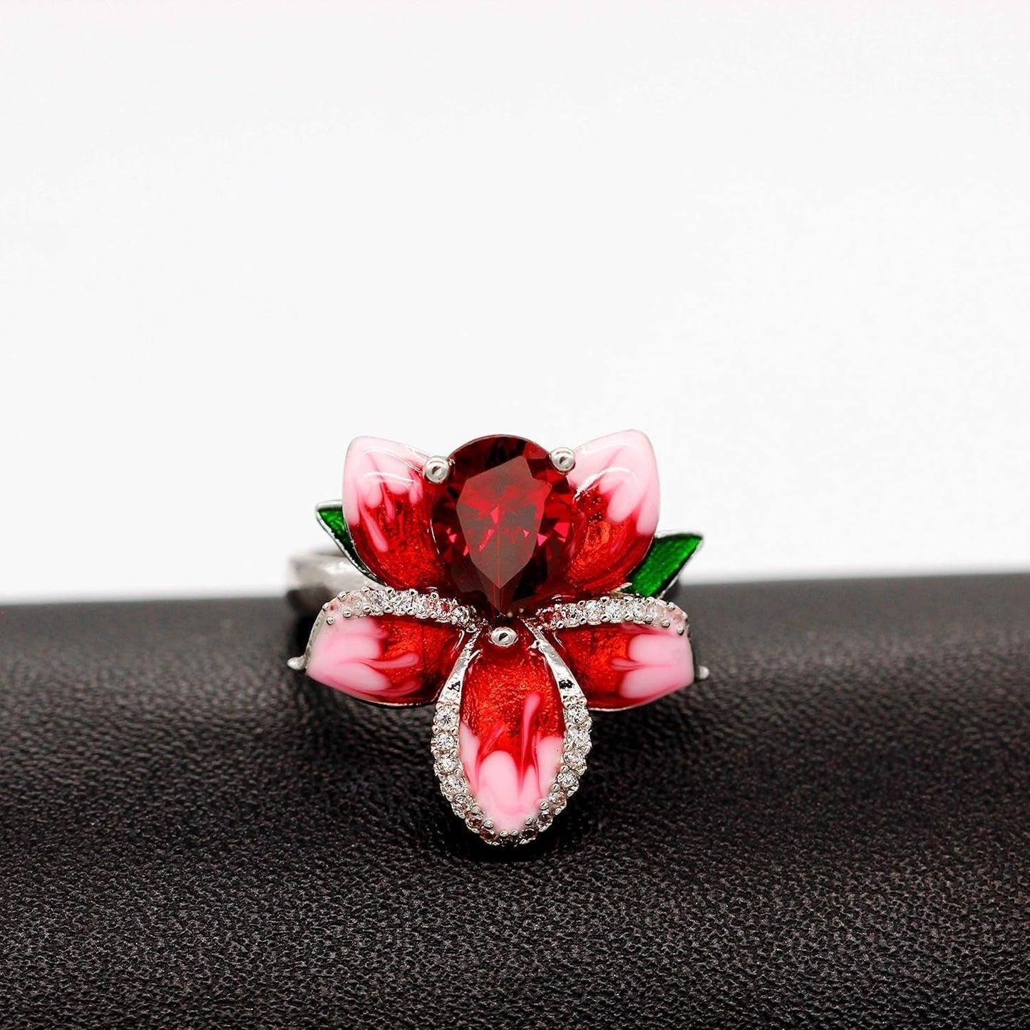 Beautiful Red Enamel Rose Ring for Women Blossom Flower Rings with Pear Cut Cubic Zirconia Cocktail Summer Ring RA627