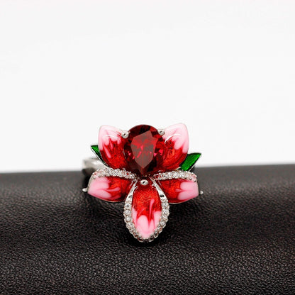 Beautiful Red Enamel Rose Ring for Women Blossom Flower Rings with Pear Cut Cubic Zirconia Cocktail Summer Ring RA627