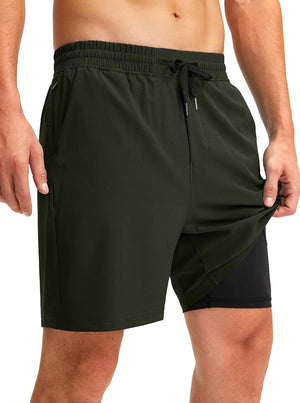 Men'S 2 in 1 Running Shorts with Liner 7 Inch Training Gym Athletic Workout Shorts for Men with Zipper Pockets