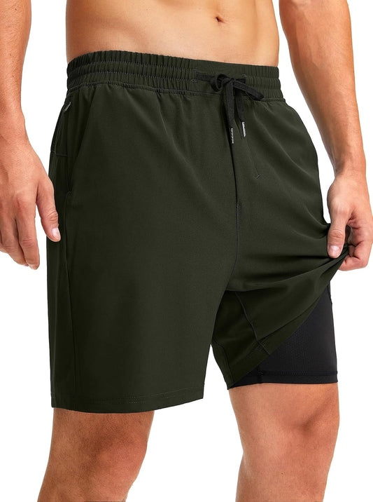 Men'S 2 in 1 Running Shorts with Liner 7 Inch Training Gym Athletic Workout Shorts for Men with Zipper Pockets
