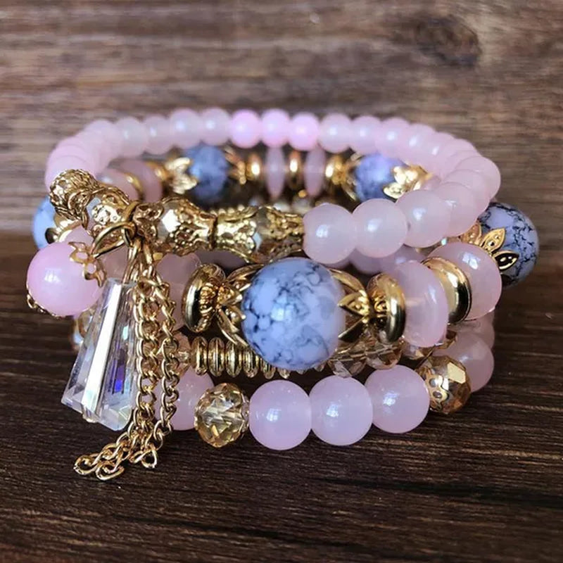 Women's bohemian creative beaded crystal bracelet 4 pack multi-layer beaded fashion bracelet - WORLD TIME VISITS