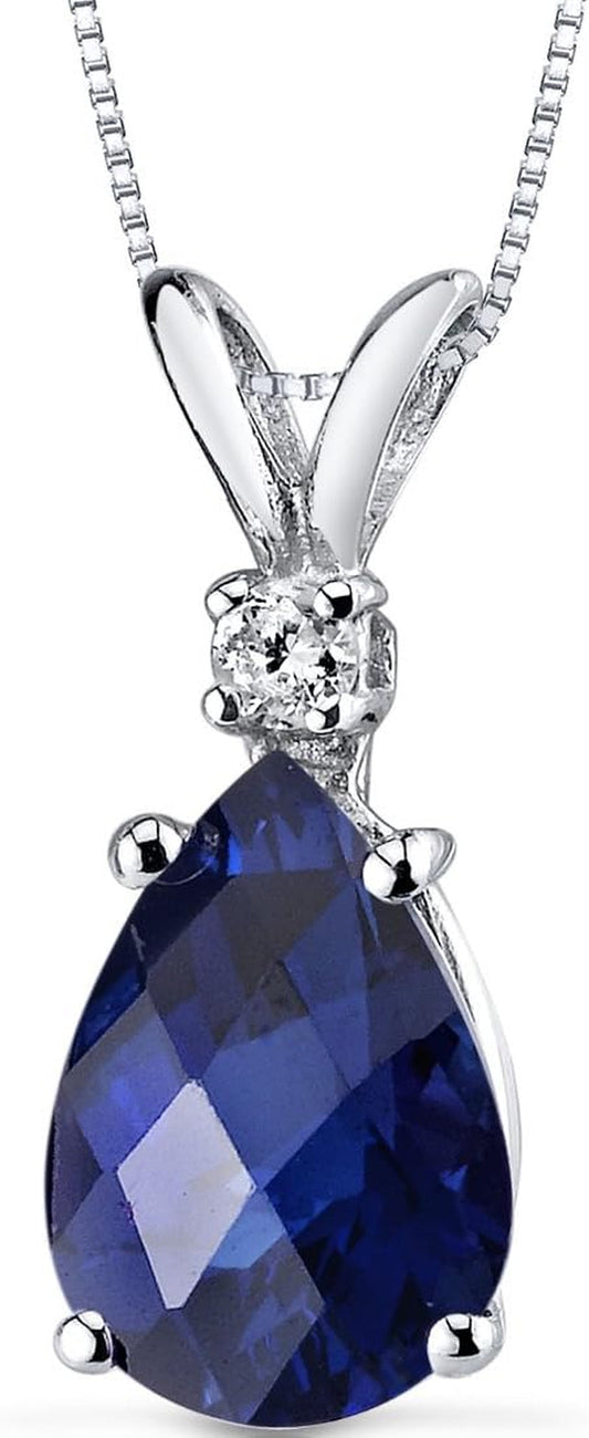 Solid 14K White Gold Created Blue Sapphire with Genuine Diamond Pendant for Women, Elegant Teardrop Solitaire, 2.45 Carats Pear Shape 10X7Mm, Sparkling Blue Sapphire Jewelry, W/Jewelry Box - WORLD TIME VISITS