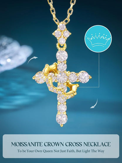 Upgraded Moissanite Crown Cross Necklace 14K Gold Vermeil 1.1 Carats Dainty Iced Out Christian Faith Cross Jewelry S925 Sterling Silver Simple Gold Moissanite Cross Pendant Necklace for Women