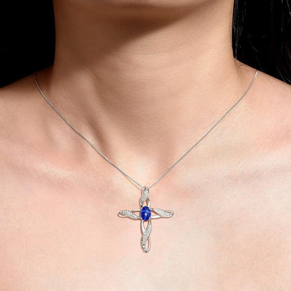 Necklace Sterling Silver 925 Cross Necklace with Gemstone & Diamonds Pendant with 18" Chain 7X5MM Birthstone Womens Jewelry Silver Necklace for Women Diamond Necklace - WORLD TIME VISITS
