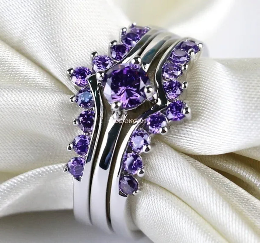Sz5-10 Round 5mm Amethyst 10kt White Gold Filled Women's Wedding Ring 3 in 1 Bridal Sets