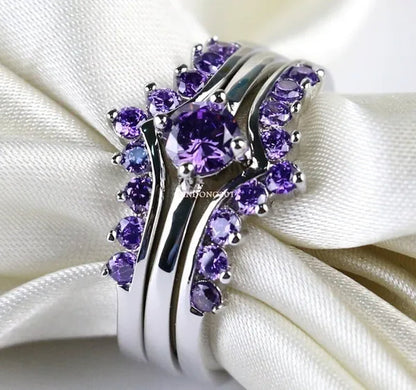 Sz5-10 Round 5mm Amethyst 10kt White Gold Filled Women's Wedding Ring 3 in 1 Bridal Sets