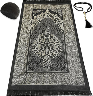 Muslim Prayer Rug Prayer Beads Kufi Hat for Men and Women 100% Breathable Black Skull Beanie Traditional Desing Prayer Mat Eid Ramadan Gifts Islamic Set Salah Mat Taffeta Fabric Soft (Black)