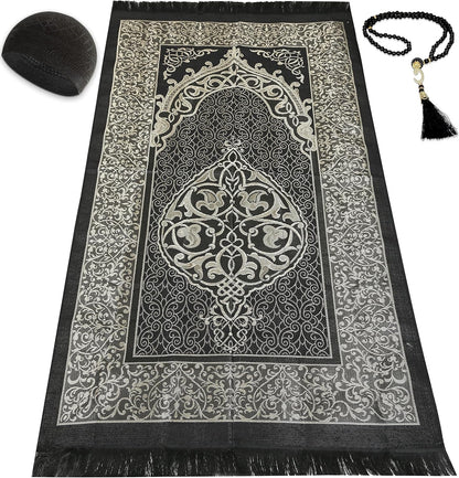 Muslim Prayer Rug Prayer Beads Kufi Hat for Men and Women 100% Breathable Black Skull Beanie Traditional Desing Prayer Mat Eid Ramadan Gifts Islamic Set Salah Mat Taffeta Fabric Soft (Black)