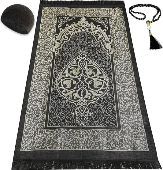 Muslim Prayer Rug Prayer Beads Kufi Hat for Men and Women 100% Breathable Black Skull Beanie Traditional Desing Prayer Mat Eid Ramadan Gifts Islamic Set Salah Mat Taffeta Fabric Soft (Black)