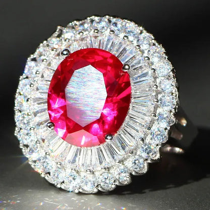 Luxurious Silver Natural Gemstones Ruby and White Sapphire Wedding Birthstone Bride Engagement Multilevel Square Ring Jewelry Size 6 7 8 9 10