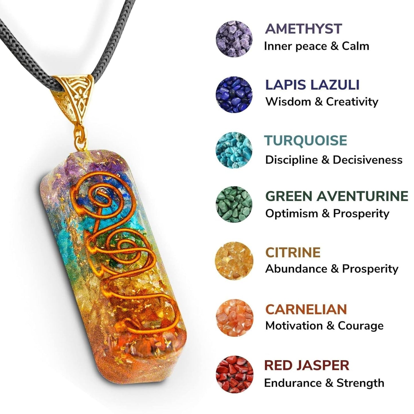 Orgone Chakra Necklace with Adjustable Cord - 7 Chakra Stone Healing Pendant for Spiritual Healing