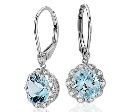 Women Fashion Sterling Silver Earrings Jewelry Natural Gemstone Aquamarine Dangle Hoop Earrings Diamond Floral Earrings - WORLD TIME VISITS