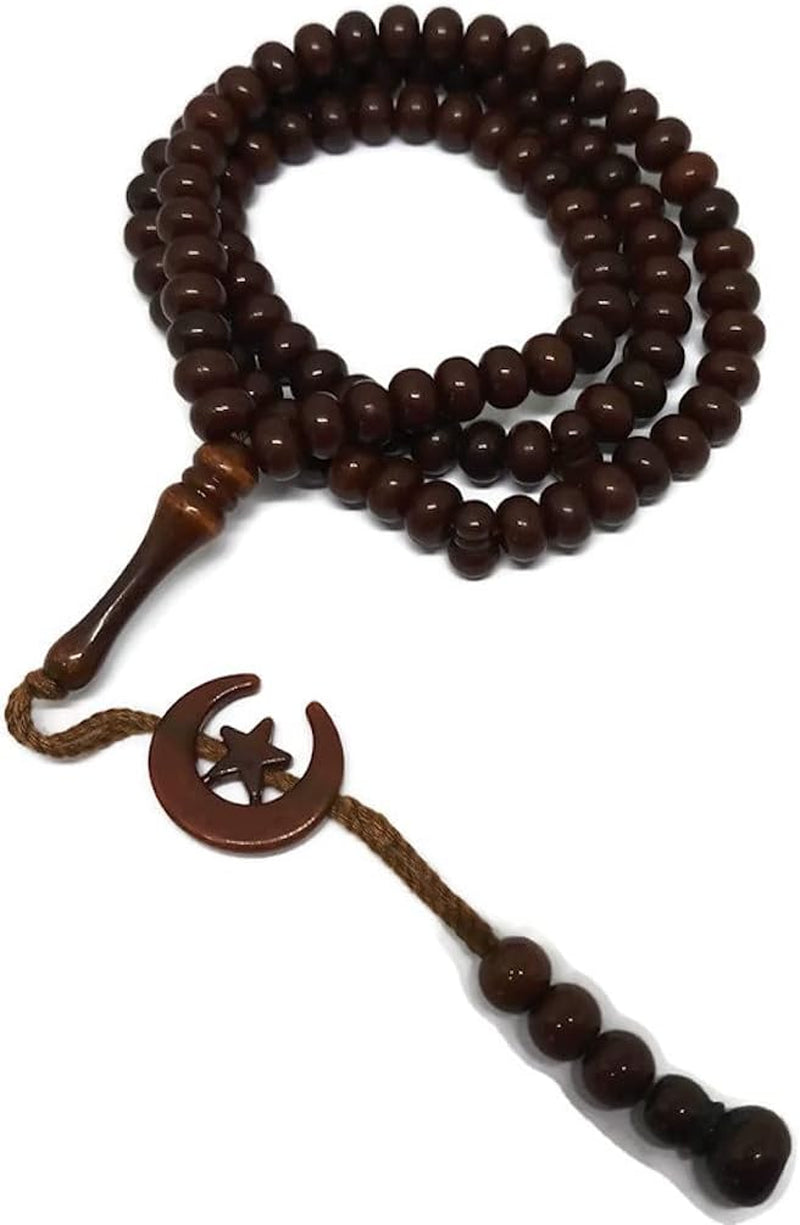 Islam Prayer Tasbih 99 Beads AMN-303 Muslim 8 Mm. Rosary Bead Moon Star Decorated Tassels Haj Eid Ramadan Gift (Brown)