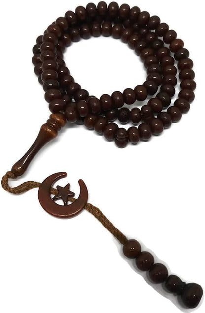 Islam Prayer Tasbih 99 Beads AMN-303 Muslim 8 Mm. Rosary Bead Moon Star Decorated Tassels Haj Eid Ramadan Gift (Brown)
