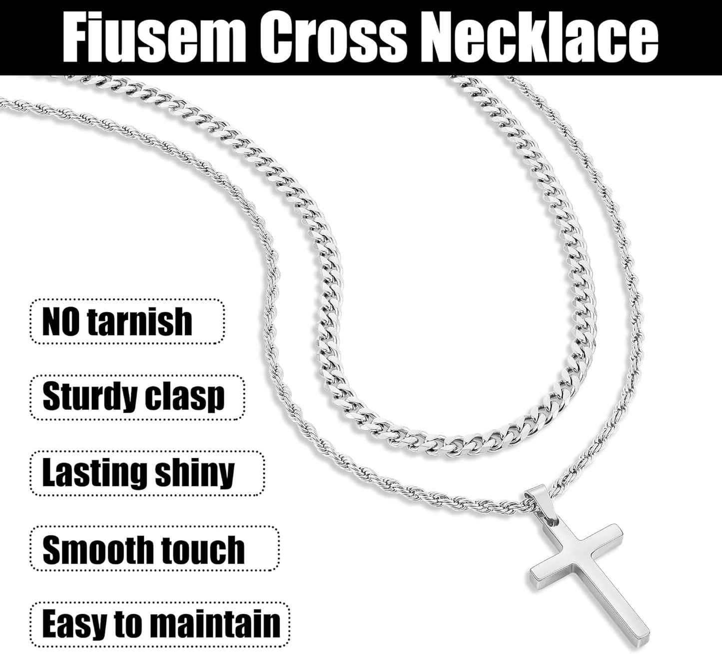 Valentines Gifts for Him - 2 Pcs Cross Necklace Chain for Men and Women, Layered Mens Cross Necklaces Stainless Steel Pendant Cuban Link Rope Chain 16-26 Inch, Jewelry Gift