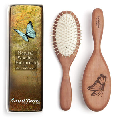 Desert Breeze Natural Wood Bristle Hair Brush, Gentle Scalp Massage, Pear Wood Handle, Made in Germany, for All Hair Types, Rounded Wooden Pins, Anti-Static - WORLD TIME VISITS