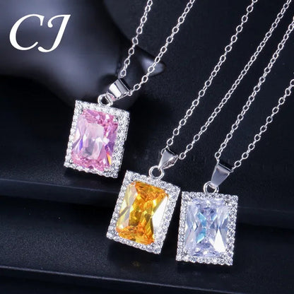 CANDICE Top Grade Bright Square Yellow Pave Sterling Silver Pendant Necklace Earrings and Ring with Tiny CZ Stone Jewelry 3 Pcs Sets for Women Dress Accessories