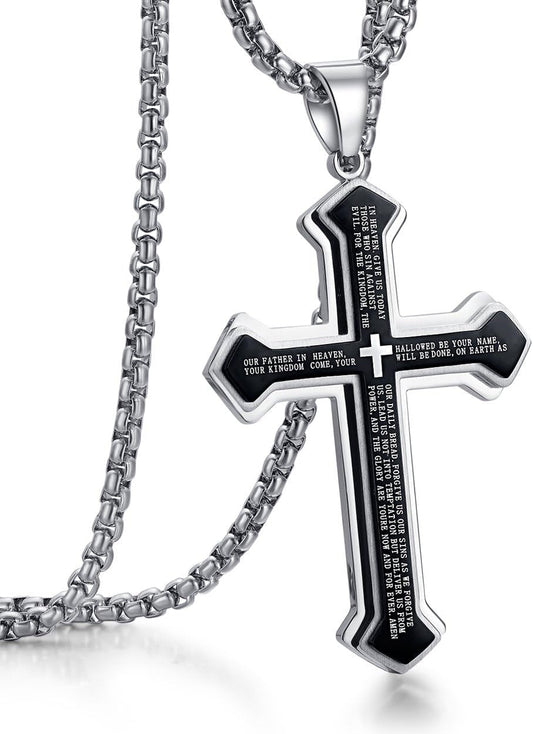 Men'S Stainless Steel Nail Lord'S Prayer Cross Pendant Necklace for Men Women Big Pendant and Strong Chain 24"