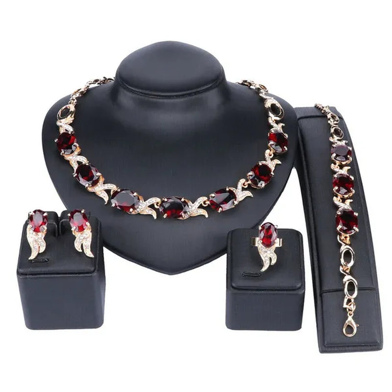 Women Gold Plated Crystal Zircon Ruby Pendant Wedding Party Necklace Bracelet Ring Earring Jewelry Sets