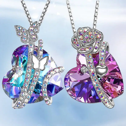 Elegant Fashion Women'S Creative Heart-Shaped Crystal Necklace Rose Necklace Butterfly Necklace Multicolor Love Diamond Flower Pendant Engagement Necklace Women'S Diamond Jewelry Birthday Party Gift Jewelry