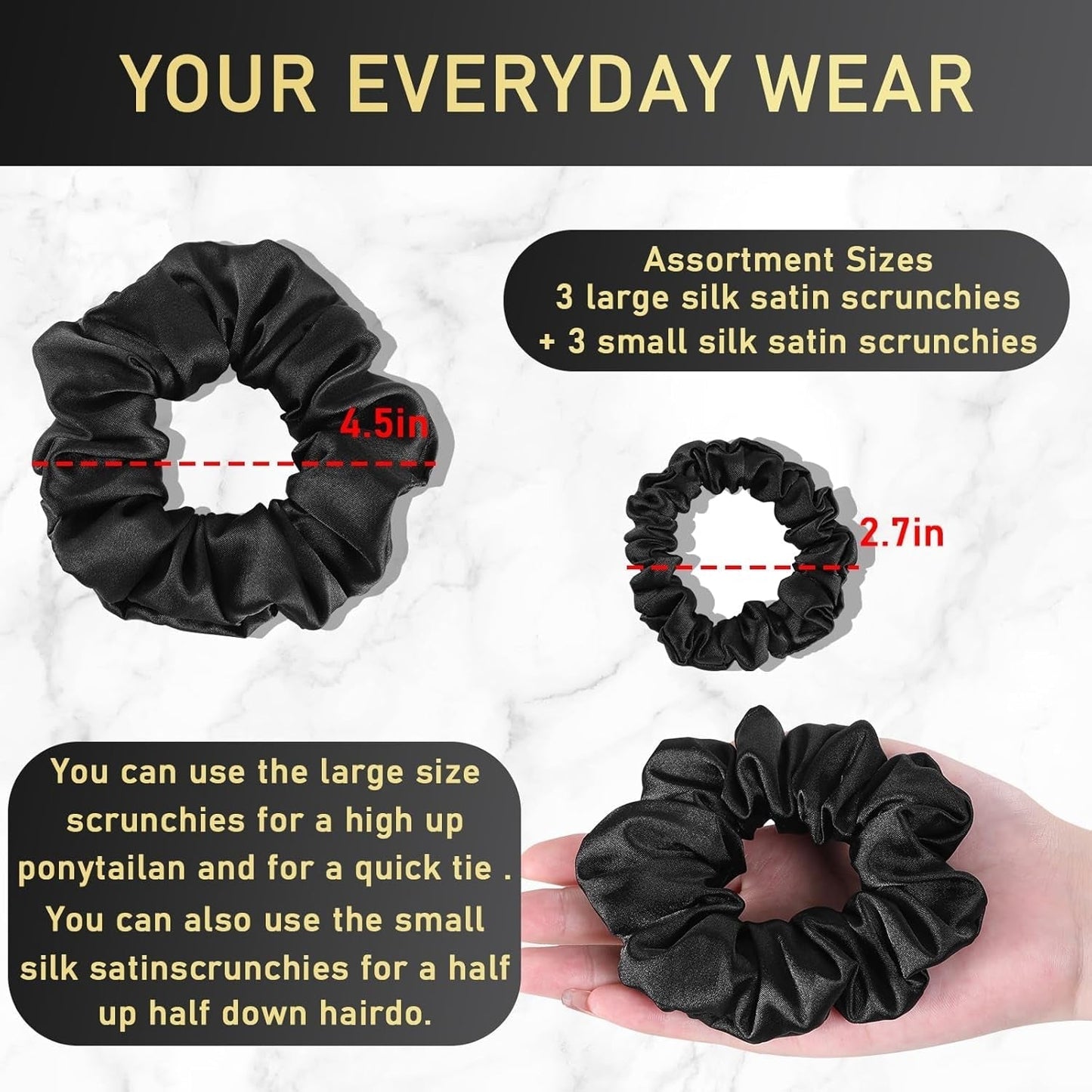 6 Pack Satin Scrunchies - Assorted Sizes, Soft and Stylish Hair Scrunchies and Bands for Women and Girls, Black