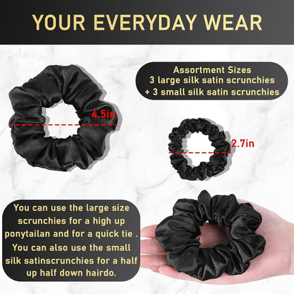 6 Pack Satin Scrunchies - Assorted Sizes, Soft and Stylish Hair Scrunchies and Bands for Women and Girls, Black